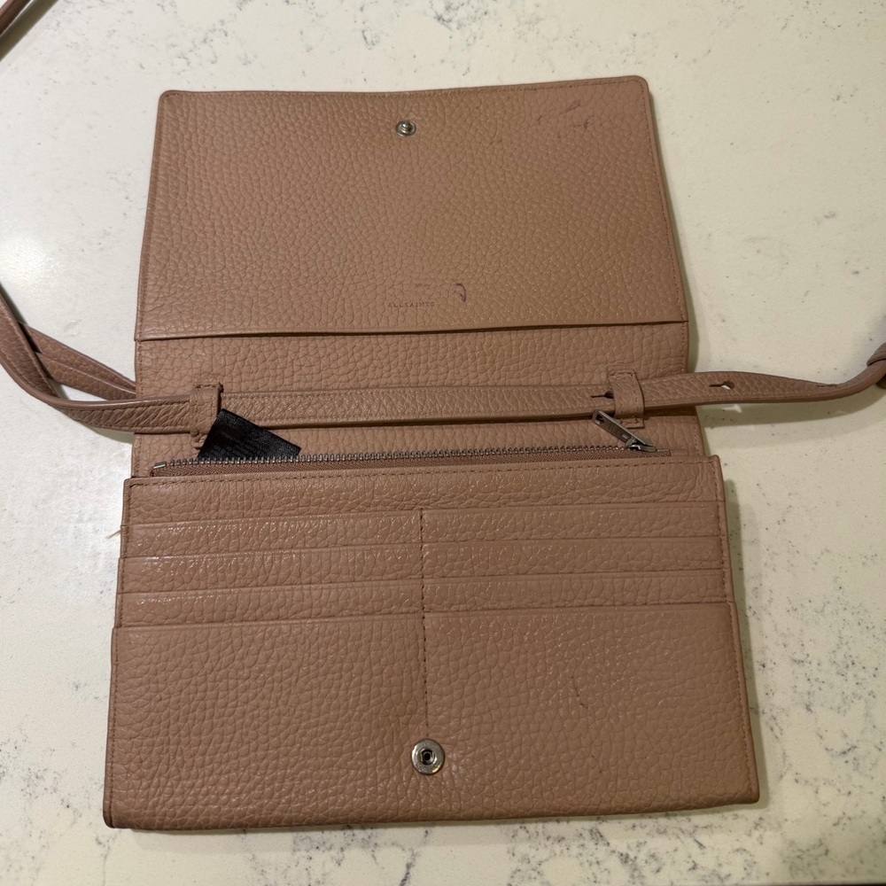 All Saints Pebbled Leather Crossbody Clutch in Taupe